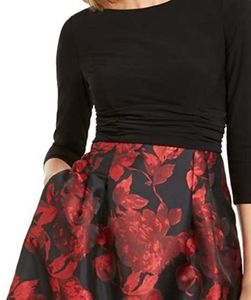 Jessica Howard Womens Black Pleated Zippered Floral 3/4 Sleeve Jewel Neck Short